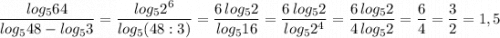 \dfrac{log_564}{log_548-log_53}=\dfrac{log_52^6}{log_5(48:3)}=\dfrac{6\, log_52}{log_516}=\dfrac{6\, log_52}{log_52^4}=\dfrac{6\, log_52}{4\, log_52}=\dfrac{6}{4}=\dfrac{3}{2}=1,5