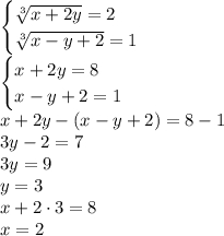 \begin{cases}\sqrt[3]{x+2y}=2\\ \sqrt[3]{x-y+2}=1\end{cases}\\\begin{cases}x+2y=8\\x-y+2=1\end{cases}\\x+2y-(x-y+2)=8-1\\3y-2=7\\3y=9\\y=3\\x+ 2 \cdot 3=8\\x=2