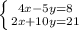 \left \{ {{4x-5y=8} \atop {2x+10y}=21} \right.