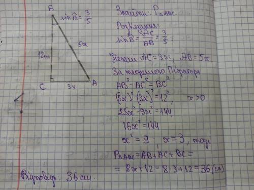 У трикутнику АВС <С = 90°, ВС =12см, sin B =⅗ . Знайдіть периметр трикутника