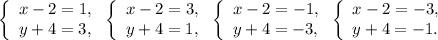 \left\{ \begin{array}{l}x - 2 = 1,\\y + 4 = 3,\end{array} \right. \left\{ \begin{array}{l}x - 2 = 3,\\y + 4 = 1,\end{array} \right. \left\{ \begin{array}{l}x - 2 = - 1,\\y + 4 = - 3,\end{array} \right. \left\{ \begin{array}{l}x - 2 = - 3,\\y + 4 = - 1.\end{array} \right.