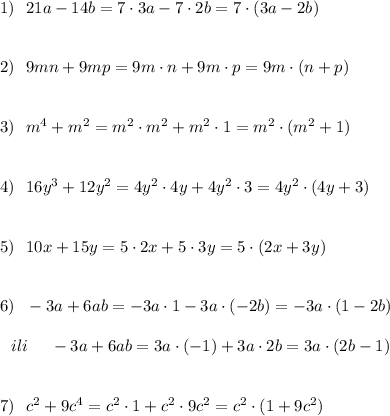 1)\ \ 21a-14b=7\cdot 3a-7\cdot 2b=7\cdot (3a-2b)2)\ \ 9mn+9mp=9m\cdot n+9m\cdot p=9m\cdot (n+p)3)\ \ m^4+m^2=m^2\cdot m^2+m^2\cdot 1=m^2\cdot (m^2+1)4)\ \ 16y^3+12y^2=4y^2\cdot 4y+4y^2\cdot 3=4y^2\cdot (4y+3)5)\ \ 10x+15y=5\cdot 2x+5\cdot 3y=5\cdot (2x+3y)6)\ \ -3a+6ab=-3a\cdot 1-3a\cdot (-2b)=-3a\cdot (1-2b){}\ \ ili\ \ \ \ -3a+6ab=3a\cdot (-1)+3a\cdot 2b=3a\cdot (2b-1)7)\ \ c^2+9c^4=c^2\cdot 1+c^2\cdot 9c^2=c^2\cdot (1+9c^2)