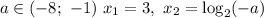 a \in ( - 8;\,\, - 1)\ {x_1} = 3,\ {x_2} = {\log _2}( - a)