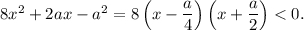 8{x^2} + 2ax - {a^2} = 8\left( {x - \displaystyle\frac{a}{4}} \right)\left( {x + \displaystyle\frac{a}{2}} \right) < 0.