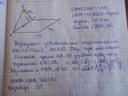 Паралелограм ABCD і трикутник ABN не лежать в одній площині. Знайти кут між прямими BN i CD, якщо: а