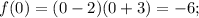 f(0) = (0 - 2)(0 + 3) = - 6;