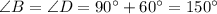 \angle B = \angle D = 90^\circ + 60^\circ = 150^\circ