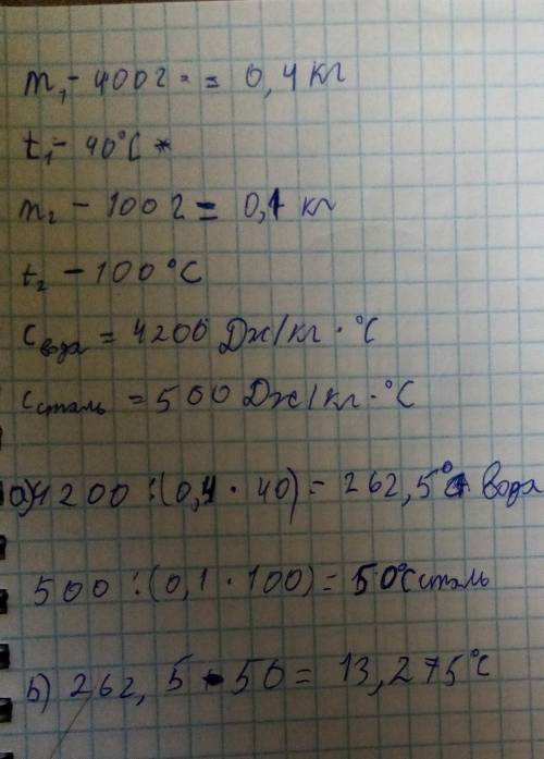 9.в воду массой 400 г при температуре 40 °С положили кусок горячей стали массой 100 г при температур