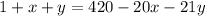 1+x+y=420-20x-21y