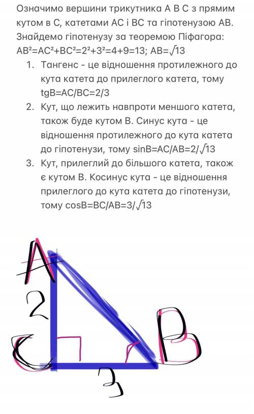 Катети прямокутного трикутника дорівнюють 3см і 2см. Знайдіть:1) тангенс кута , прилеглого до більшо