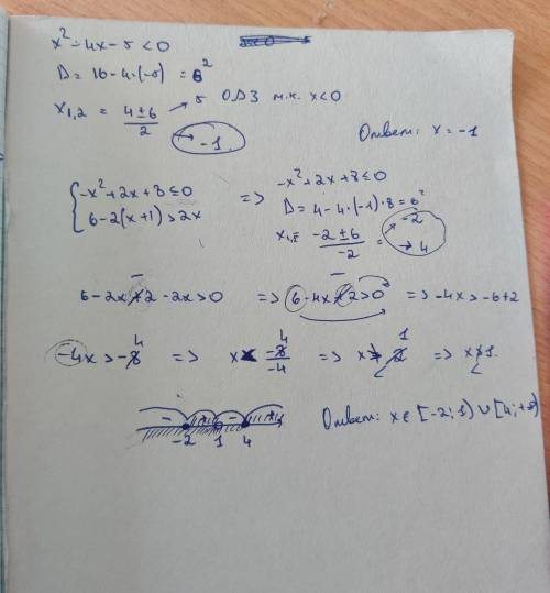 3.найдите целые решения неравенства x²-4x-5<04.решите систему неравенств {-x²+2x+8≤0{6-2(x+1)>