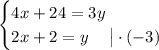 \begin{cases}4x+24=3y \hspace{1.2em}\\2x+2=y \hspace{1.2em}\big | \cdot (-3)\end{cases}