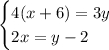 \begin{cases}4(x+6)=3y \hspace{1.2em}\\2x=y-2 \hspace{1.2em}\end{cases}