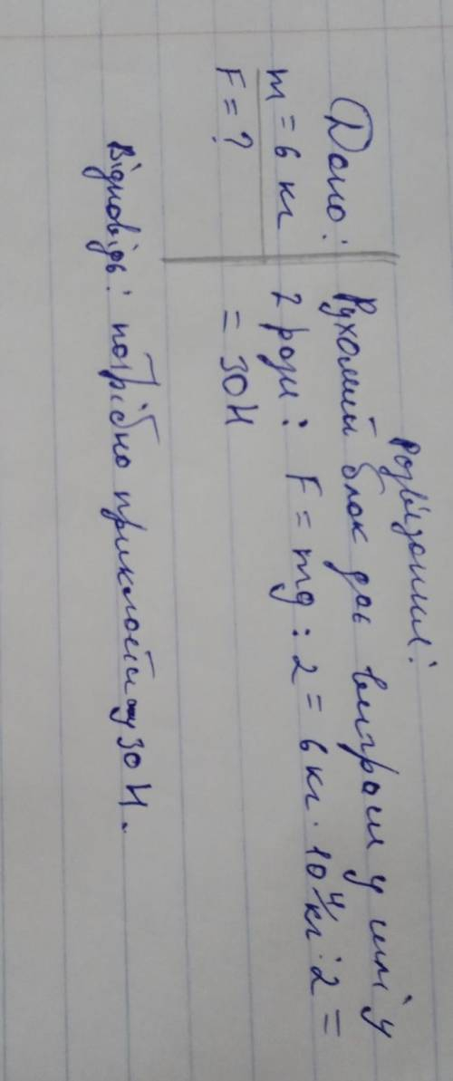 Вантаж масою 6 кг підіймають за до рухомого блоку. Яку силу для цього прикладають? Механізм вважати