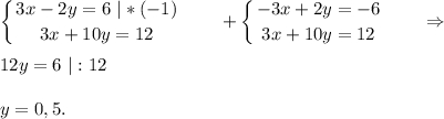 \displaystyle\\\left \{ {{3x-2y=6\ |*(-1)} \atop {3x+10y=12}} \right. \ \ \ \ \ \ +\left \{ {{-3x+2y=-6} \atop {3x+10y=12}} \right. \ \ \ \ \ \ \Rightarrow12y=6\ |:12y=0,5.\\