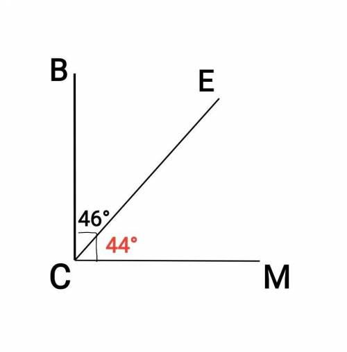 Обчисліть градусну міру MCE якщо ACE 46, а кут ВСМ прямий. До іть будь ласка!!
