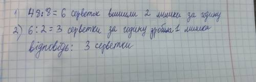 Дві мишки за 8 годин вижили 48 серветок. Скільки серветок вишивки одна мишка за одну годину ?