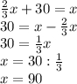 \frac{2}{3} x+30=x\\30=x-\frac{2}{3} x\\30=\frac{1}{3} x\\x=30:\frac{1}{3} \\x=90