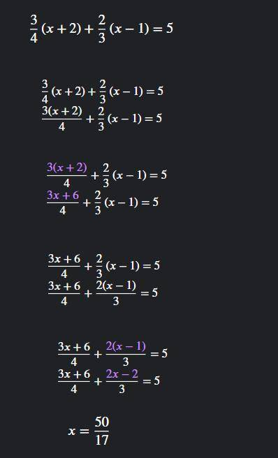 Д)3/4*(x + 2) +2/3 (x - 1) = 5;